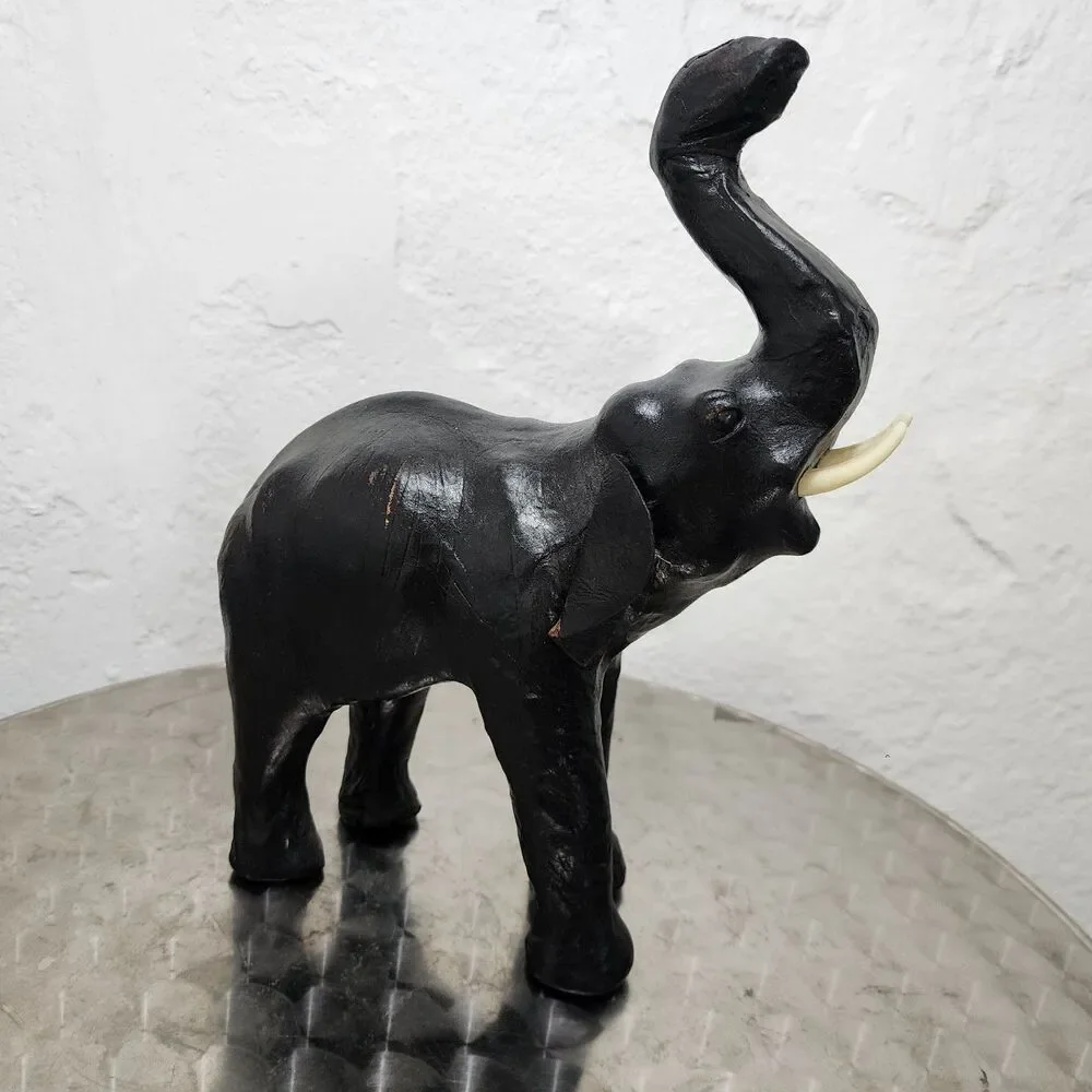 Vtg Black Leather Wrapped Elephant Statue Figurine Trunk Up MCM Safari Decor 11
